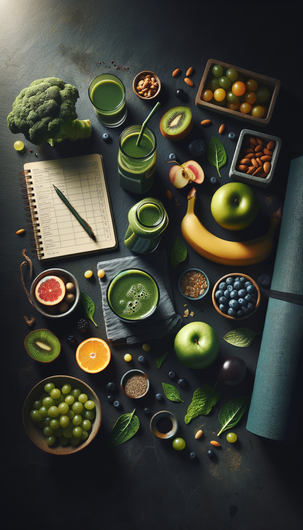 Wellness lifestyle content showing a dark, moody flat-lay of health products.